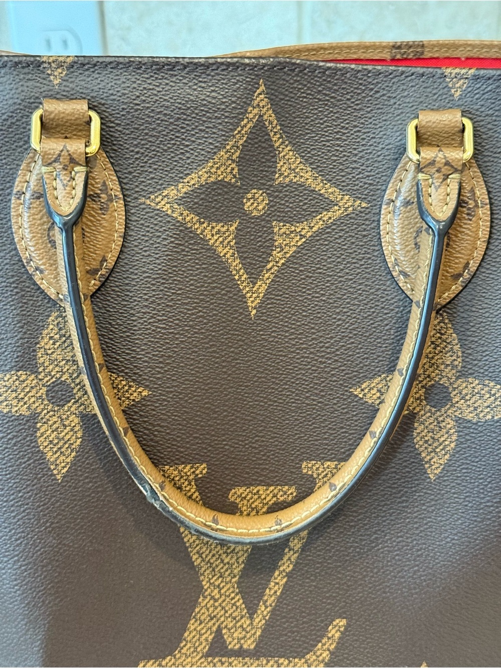 Louis Vuitton Monogram Giant Onthego Tote in Brown with Red Interior - Picture 9 of 16